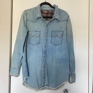 Free People Distressed Denim Button Down Shirt